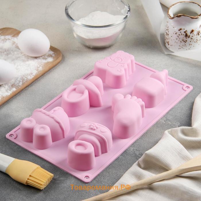 Форма для выпечки  «Праздник.Для новорожденных», силикон, 28.5×16.5 см, 6 ячеек (8×5.7 см), голубая