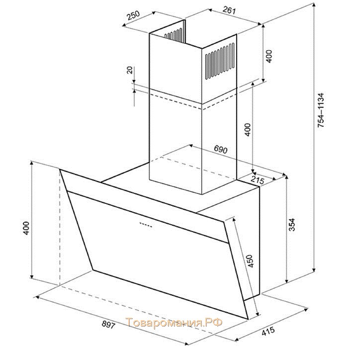 Вытяжка KRONA KRISTEN 900 BLACK/INOX S, наклонная, 1000 м3/ч, 3 скорости, 90 см