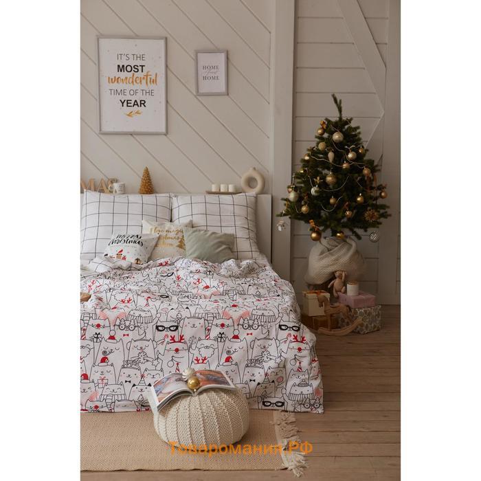 Постельное белье новогоднее  2 сп Xmas cat 175*215 см, 200*220 см, 70*70 см - 2 штуки