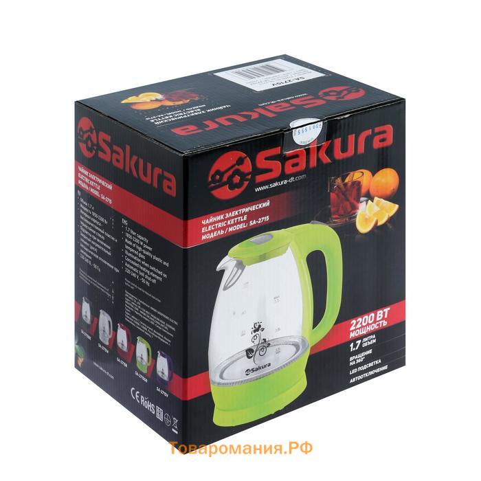 Чайник электрический Sakura SA-2715V, стекло, 1.7 л, 2200 Вт, пурпурный