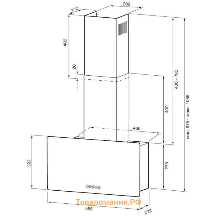 Вытяжка KRONA CLEMENTINA 600 BLACK S, каминная, 1050 м3/ч, 3 скорости, 60 см, чёрная