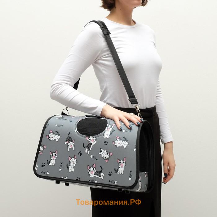 Сумка-переноска каркасная "Играющие котики", размер L, 53 х 21 х 29 см, серая
