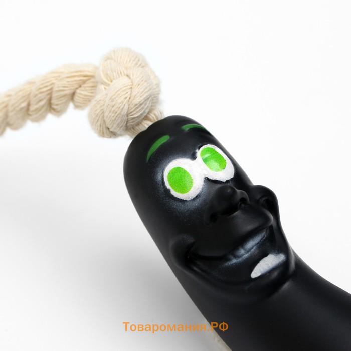 Игрушка "Обугленная сосиска на верёвке" для собак, 14 см, чёрная