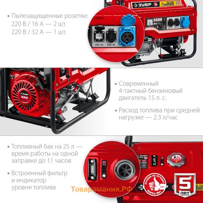 Генератор бензиновый ЗУБР СБА-5500, 4Т, 5500 Вт, 15 л.с., 2х220 В/1х220 В-32 А, автозапуск