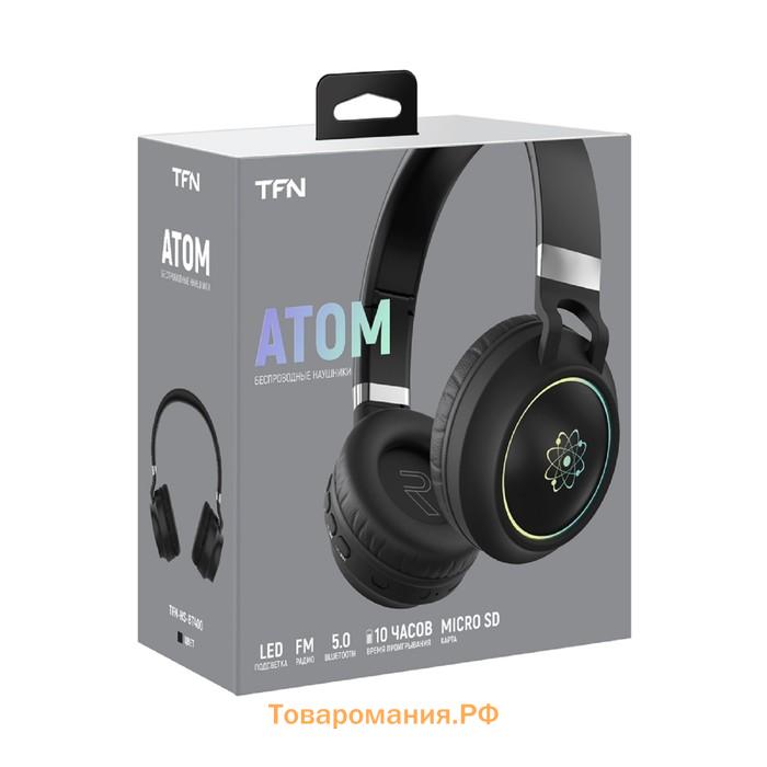 Наушники TFN Atom, беспроводные, накладные,микрофон,FM,microSD,300мАч, подсветка, черные