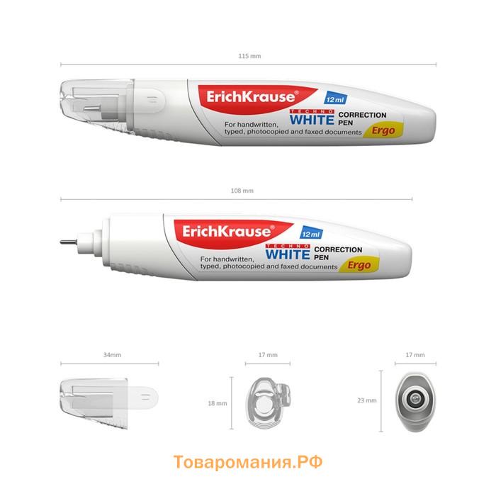 Ручка-корректор ErichKrause Techno White Ergo, 12 мл, с металлическим наконечником