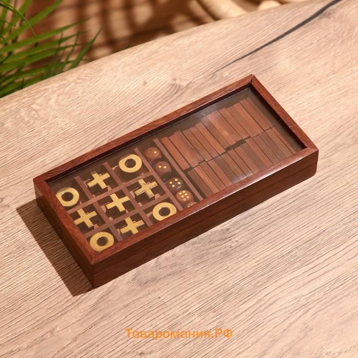 Игра настольная 3 в 1, домино, крестики-нолики, кубики, 23×10.5×3.5 см, дерево шишам