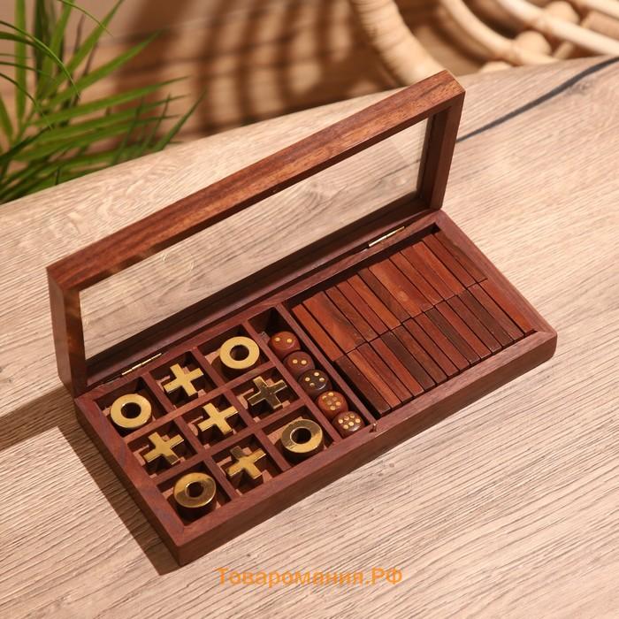 Игра настольная 3 в 1, домино, крестики-нолики, кубики, 23×10.5×3.5 см, дерево шишам