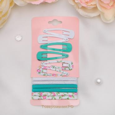 Набор для волос "Прима" (6 резинок, 6 невидимок) розовые цветы, бело-зелёный
